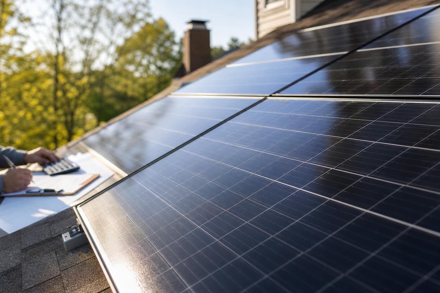 Solar panels with project paperwork in the background