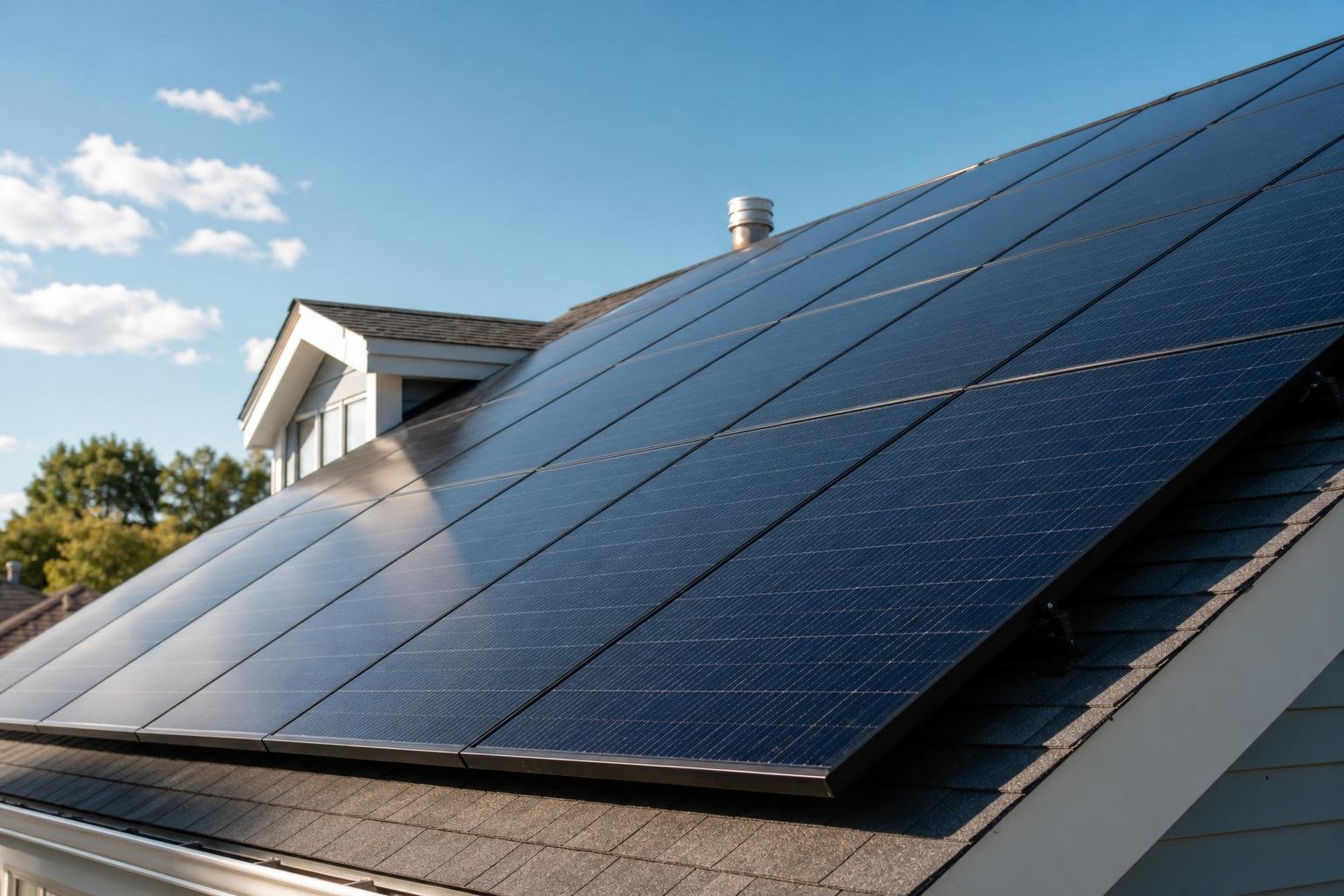 Close-up of rooftop solar panels on a New Haven-area home in warm daylight with the house roofline in the background.