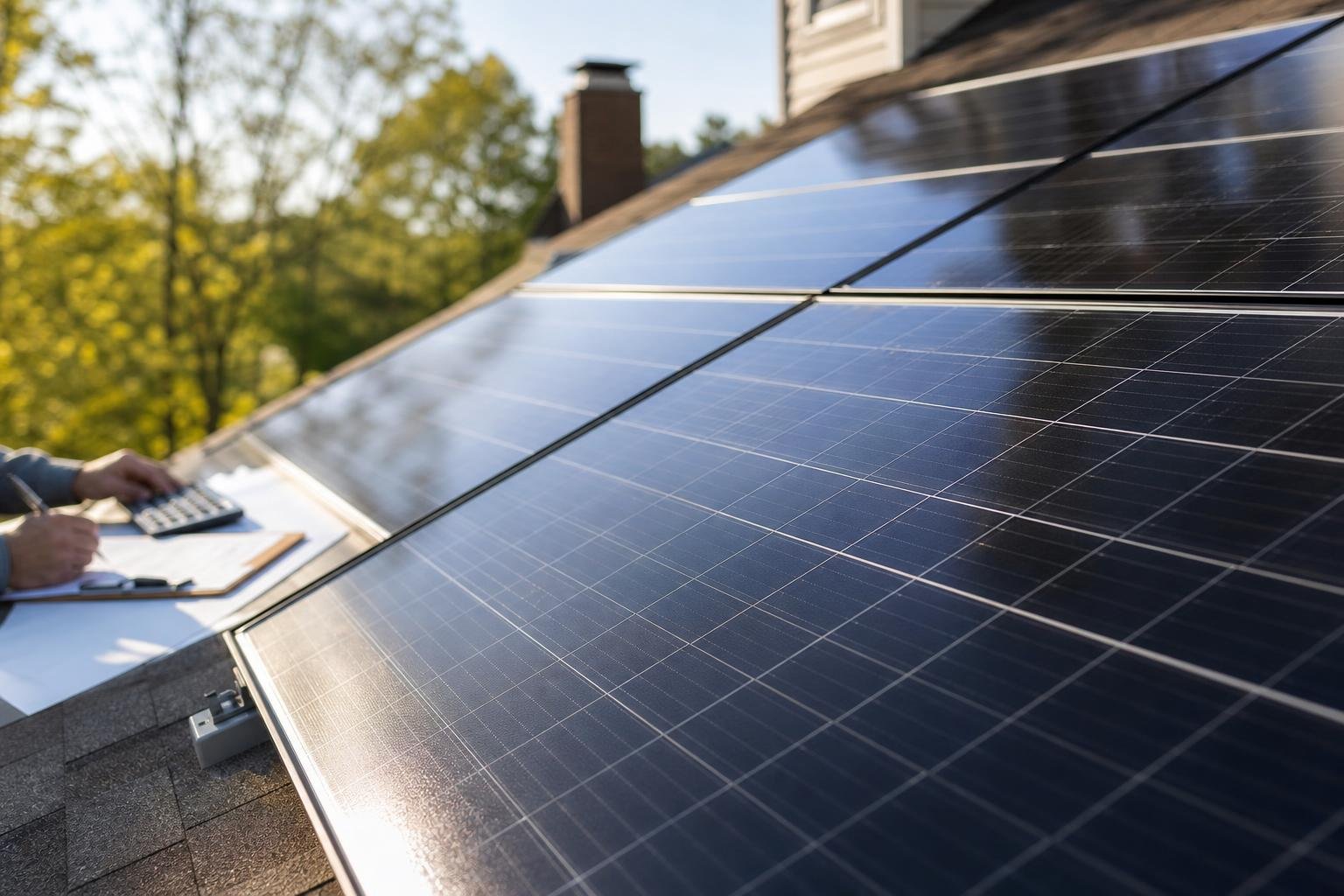 Close view of residential solar panels with a blurred homeowner reviewing paperwork and a calculator in the background.
